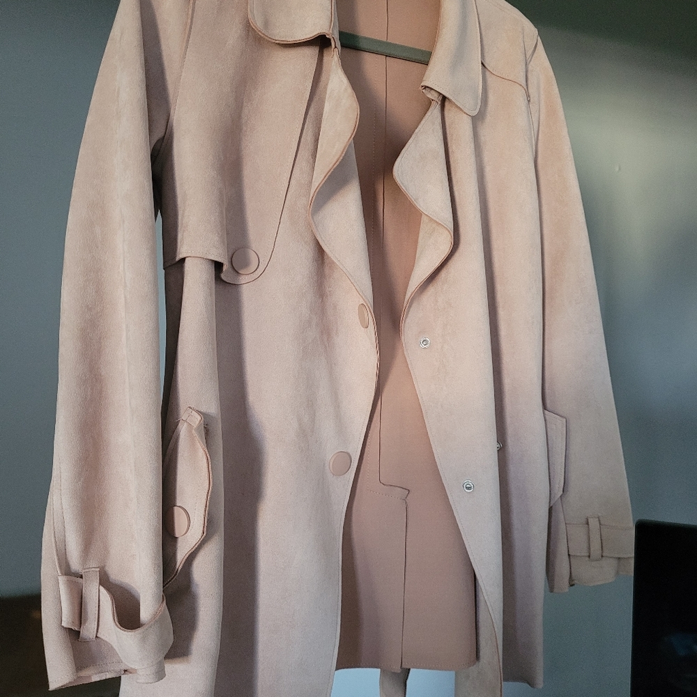 Pink faux suede jacket with tie belt
